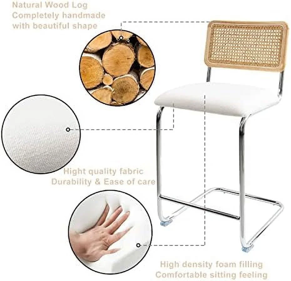 HBBOOMLIFE Black Modern Counter Height  Stools  with Natural Rattan Cane and Solid Wood Backs  24 Inch Upholstery with Metal Chrome Legs Mid Century  Chairs