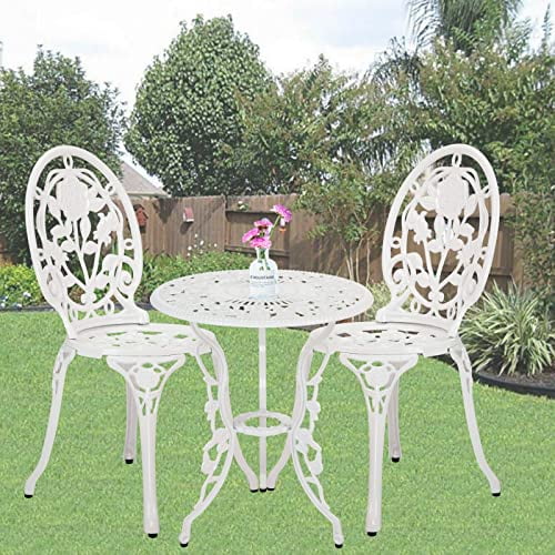3- Piece Bistro Table Set, Rust-Resistant Cast Aluminum with Umbrella Hole, Rose Carving and Antique Bronze Table and Chairs for Backyard Garden (White)