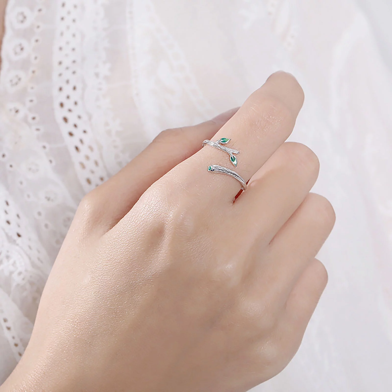 XZZjjl Sterling Silver Rings Round Shape Fashionable Nature Branch Leaves Ring Opening Adjustable Ring Jewelry