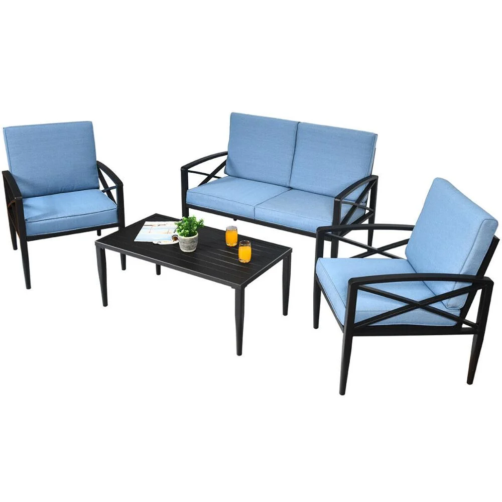 Blue 4PCS Patio Furniture Set Aluminum Frame Cushioned Sofa Chair Coffee Table