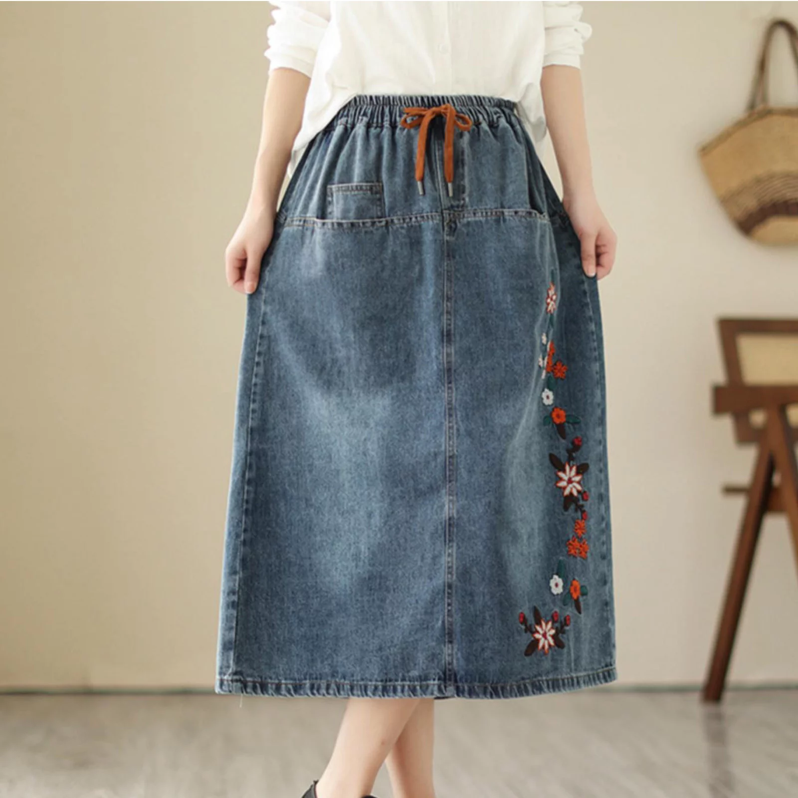 Autumn Cargo Skirt Spring And Summer Half Skirt Elastic Waist A Line Skirt High Waist Embroidery Denim Retro Mid Length Style Two Piece Skirt Set