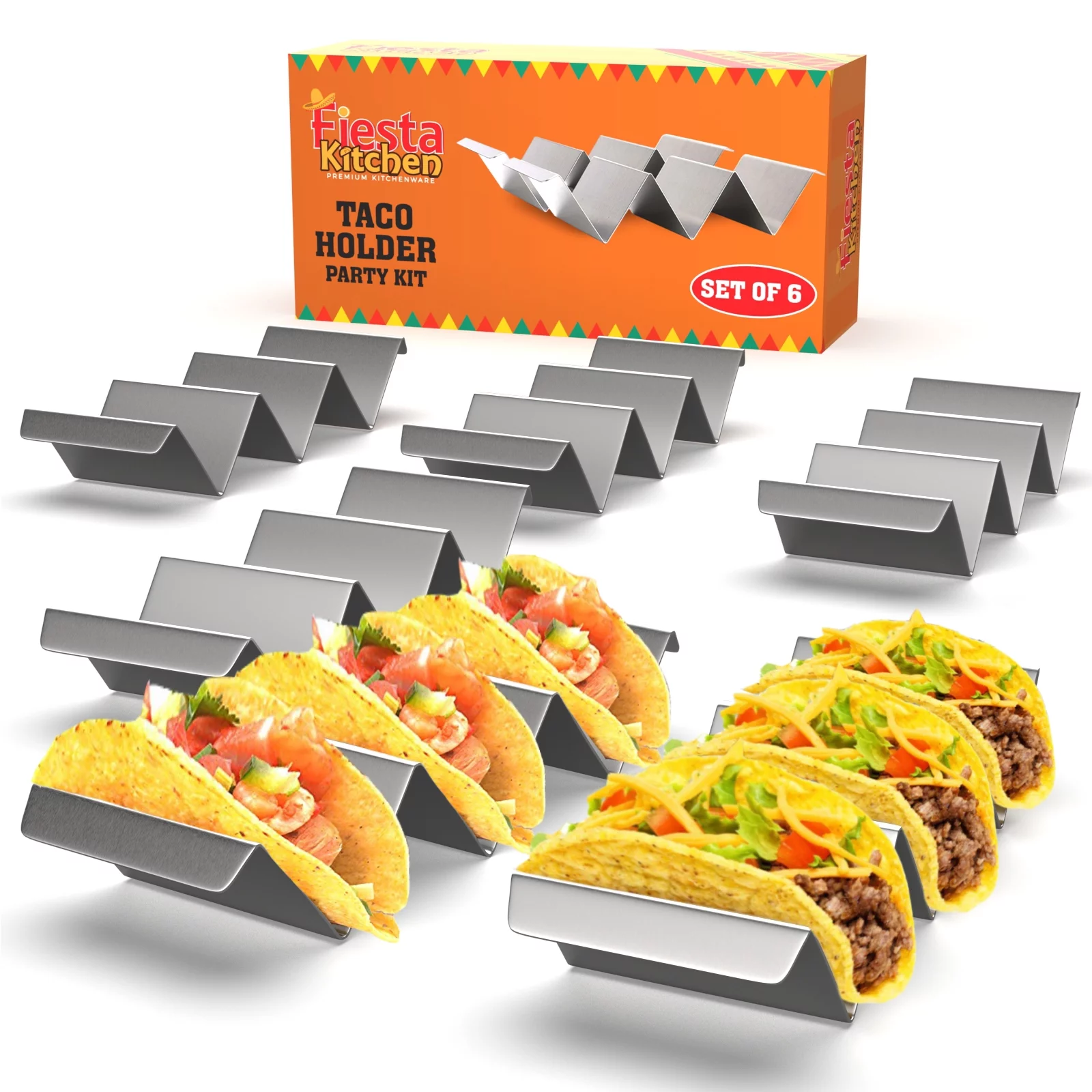 Taco Holder Stand - Set of 6 - Oven & Grill Safe Stainless Steel Taco Racks With Handles - Fill & Serve Tacos With Ease - Taco Tray by Fiesta Kitchen