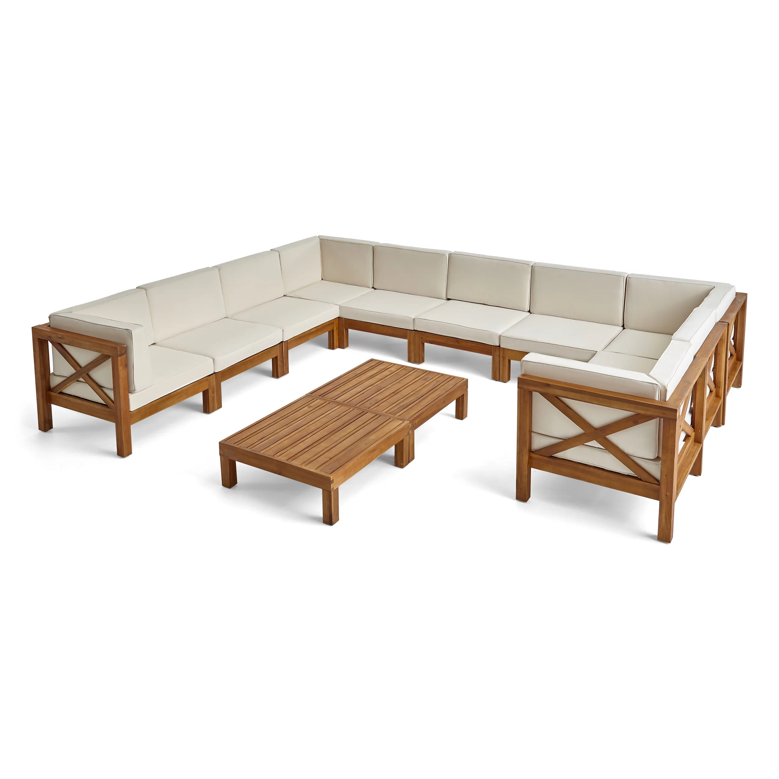 GDF Studio Keith Outdoor Acacia Wood 10 Seater Sectional Sofa Set with Cushions, Teak and Beige