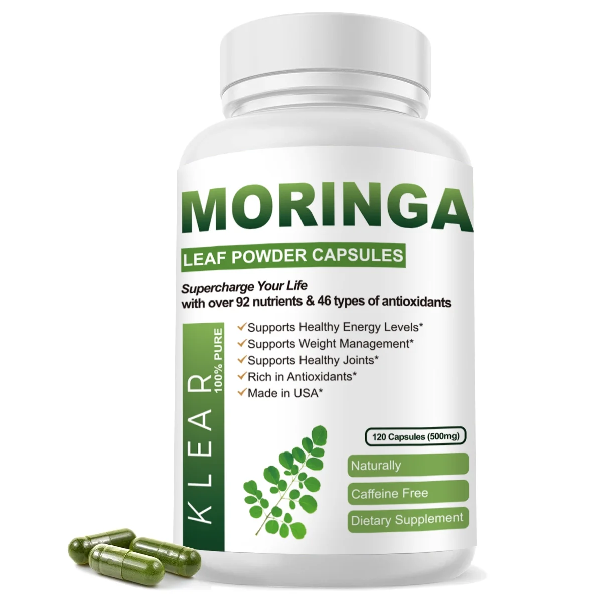 Moringa Oleifera 500 mg Powder Capsules Extra High Potency Energizing Superfood Antioxidant, 120 Vegetarian Capsules