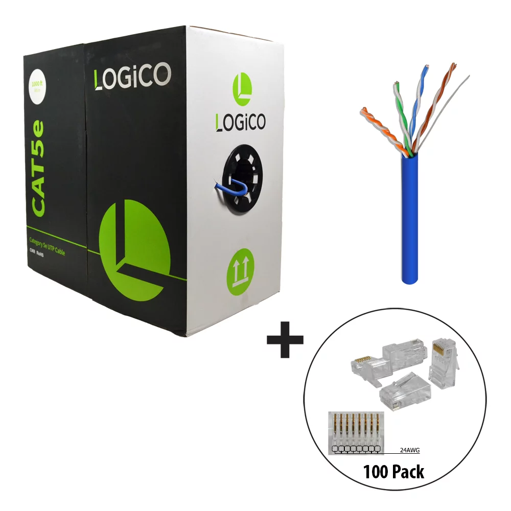 Cat5e UTP Riser CMR Cable 1000FT Blue + 100 Piece Cat5e RJ45 Plugs Kit