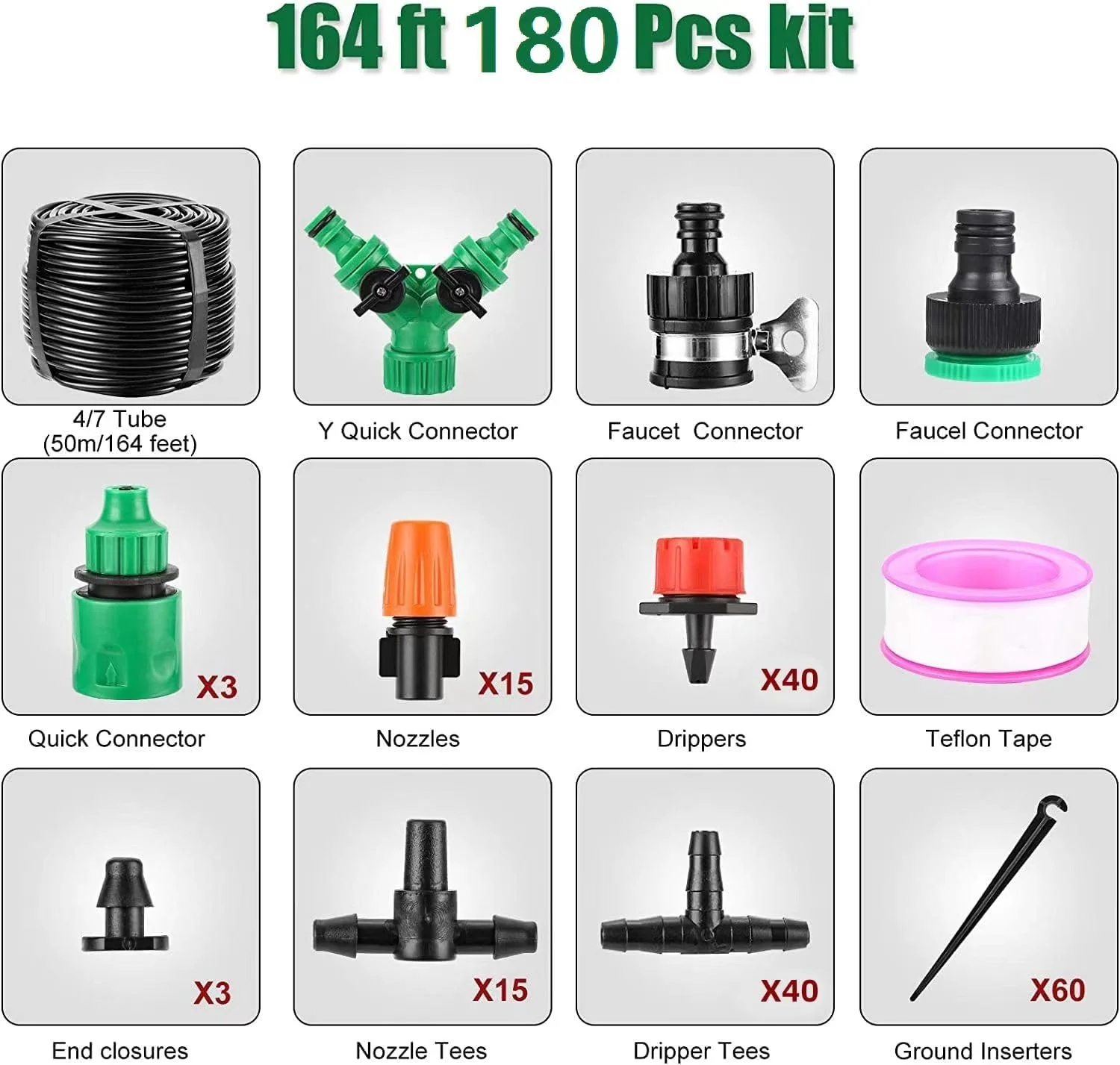 164FT 180 Pcs Drip Irrigation Kit, Garden Irrigation System 1/4