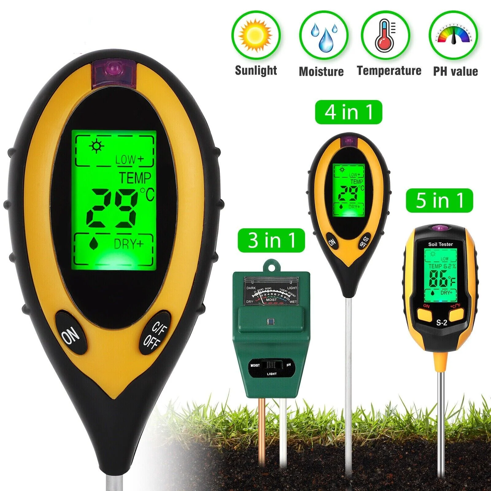 LCD Digital PH Soil Tester Water Moisture Temperature Sunlight Test Meter Plant