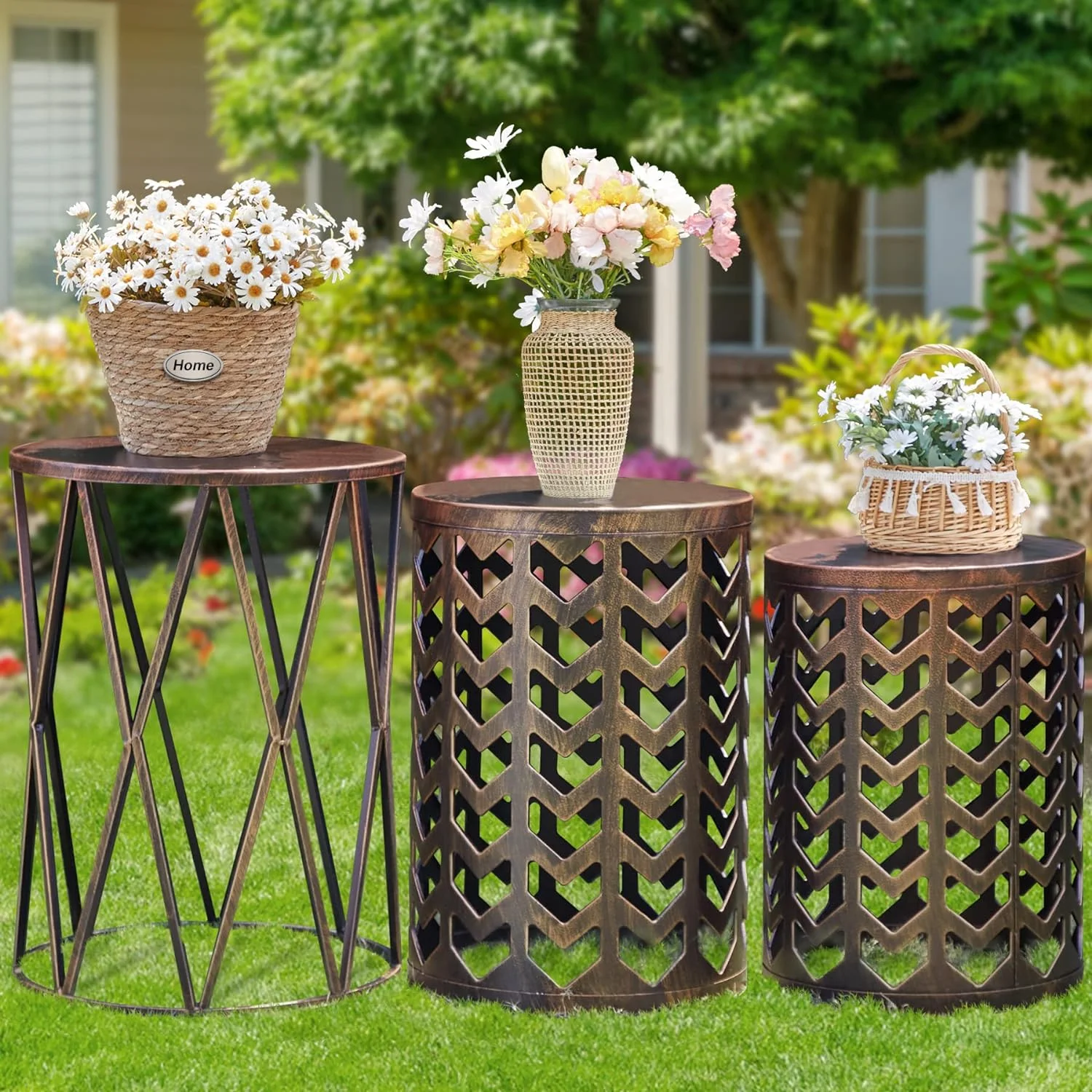 ZWNLKQG Set of 3 Modern Metal Side End Tables  Round Nesting Coffee  Indoor  Nightstand Plant Stand  Room  Bedroom  Office  Garden Stool - Pure Black (Ship from )