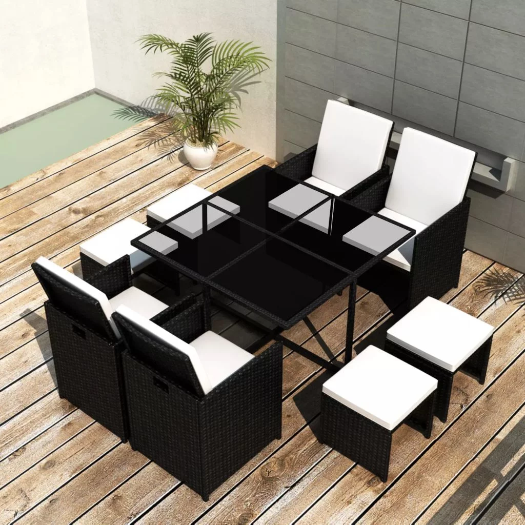 Suzicca 9 Piece  Dining Set with Cushions Poly Rattan Black