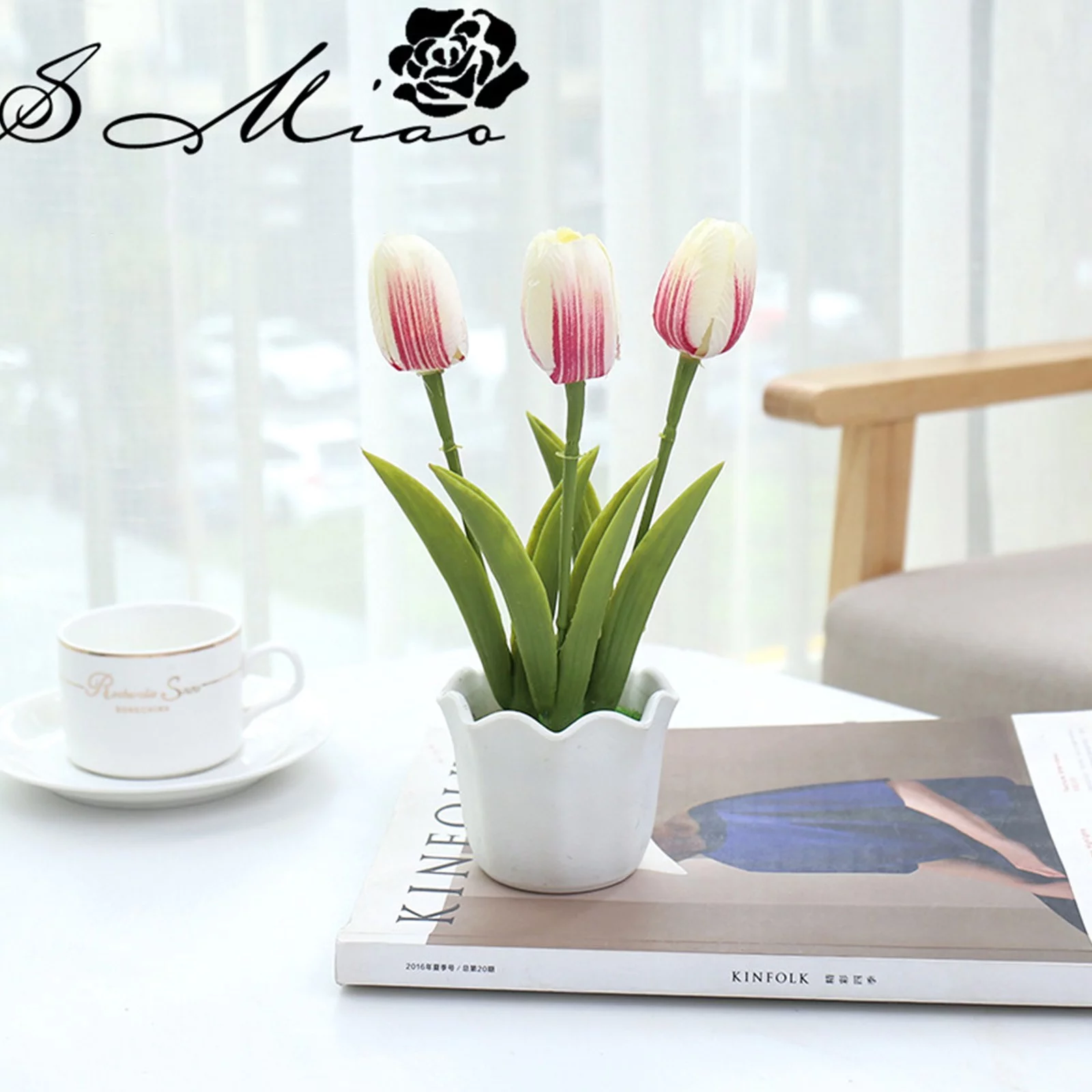 Bnnlsa Flower PotsThree-Headed Tulips Simulation Flower Bonsai Creative Ornament Simulation Plant