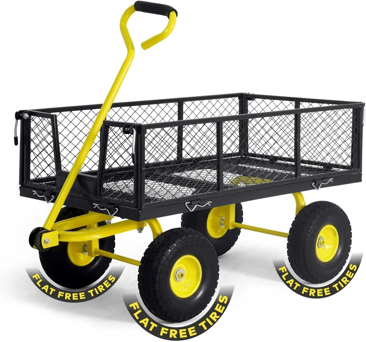 Metal Black Garden Cart, w/ 180° Adjustable Yellow Handle, w/Mat and Strap, Heavy Duty 880 lbs Capacity, w/ 10” Flat-Free Tires, Sides Removable, Utility Wagon, Lawn Cart, for Garden, Yard