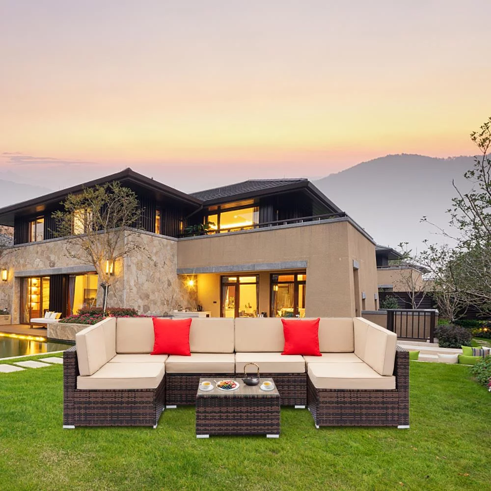 7 Pieces All Weather Patio Rattan Furniture Wicker Royal Blue Cushioned Sofa Set