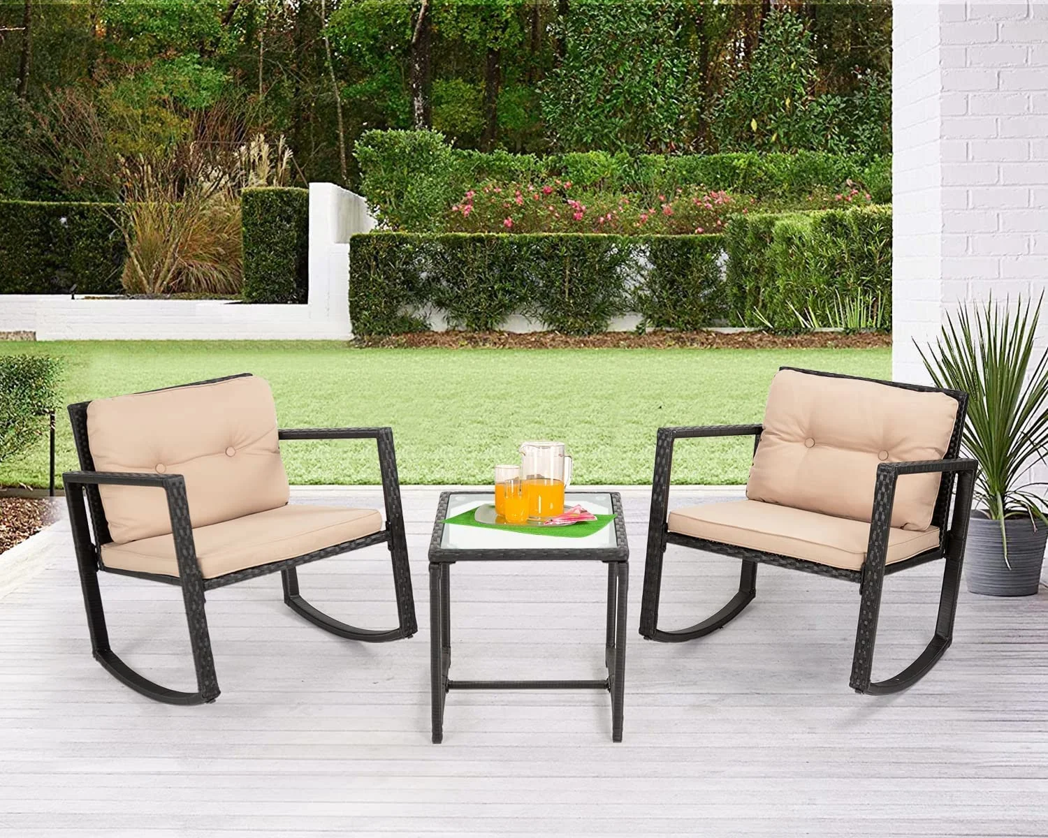 NiamVelo 3 Piece Patio Furniture Set Outdoor Rattan Sofa with Cushion Conversation Set w/Coffee Table for Yard Poolside, Black