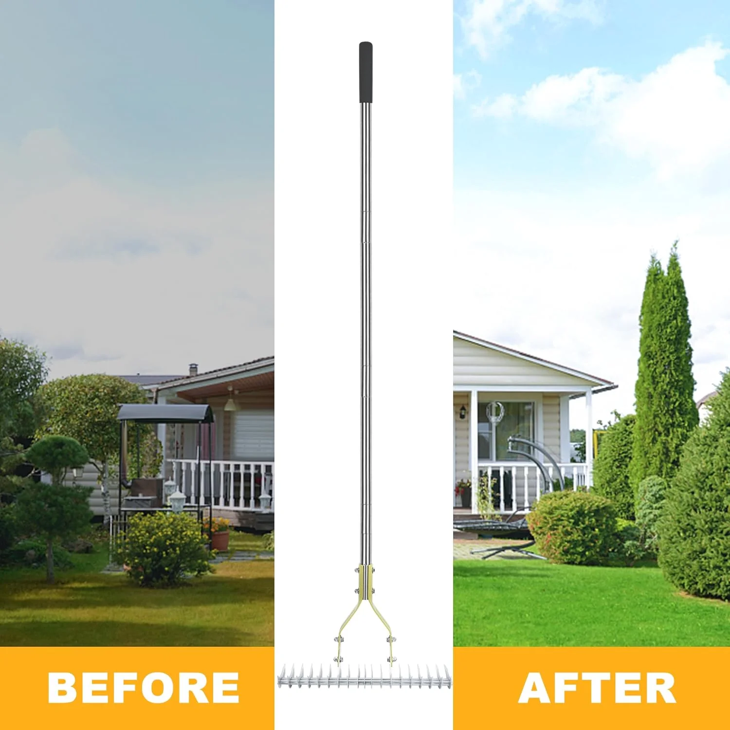 Thatch Rake, 15-Inch Wide Lawn Thatching Rake for Cleaning Dead Grass, Efficient Steel Metal Lawn Grass Rake with Stainless Steel Handle, Lawn loosening Soil Rake, 58.5-Inch Length.