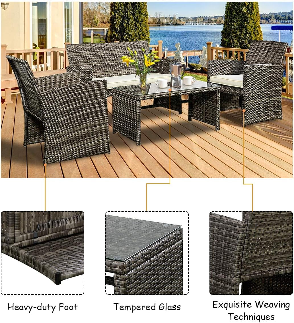 4 PC Rattan Sofa Chair And Table Set, Wicker Patio Conversation Set With Cushioned Chairs And Table