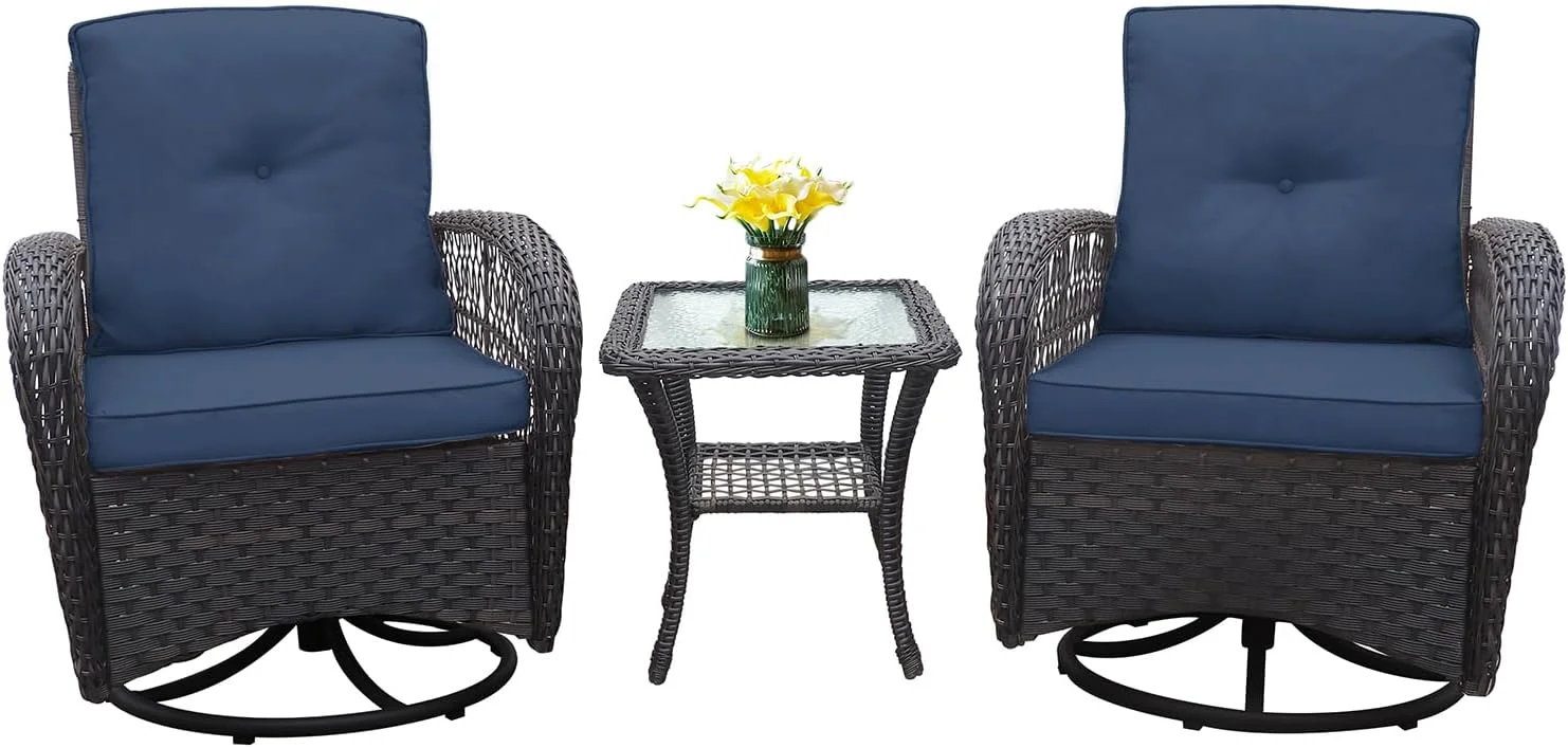 Dina 3 Pieces Patio Bistro Set - Outdoor Wicker Rocker Swivel Conversation Set with 2 Rocking Chairs and 1 Glass Top Side Table (Brown + Khaki)