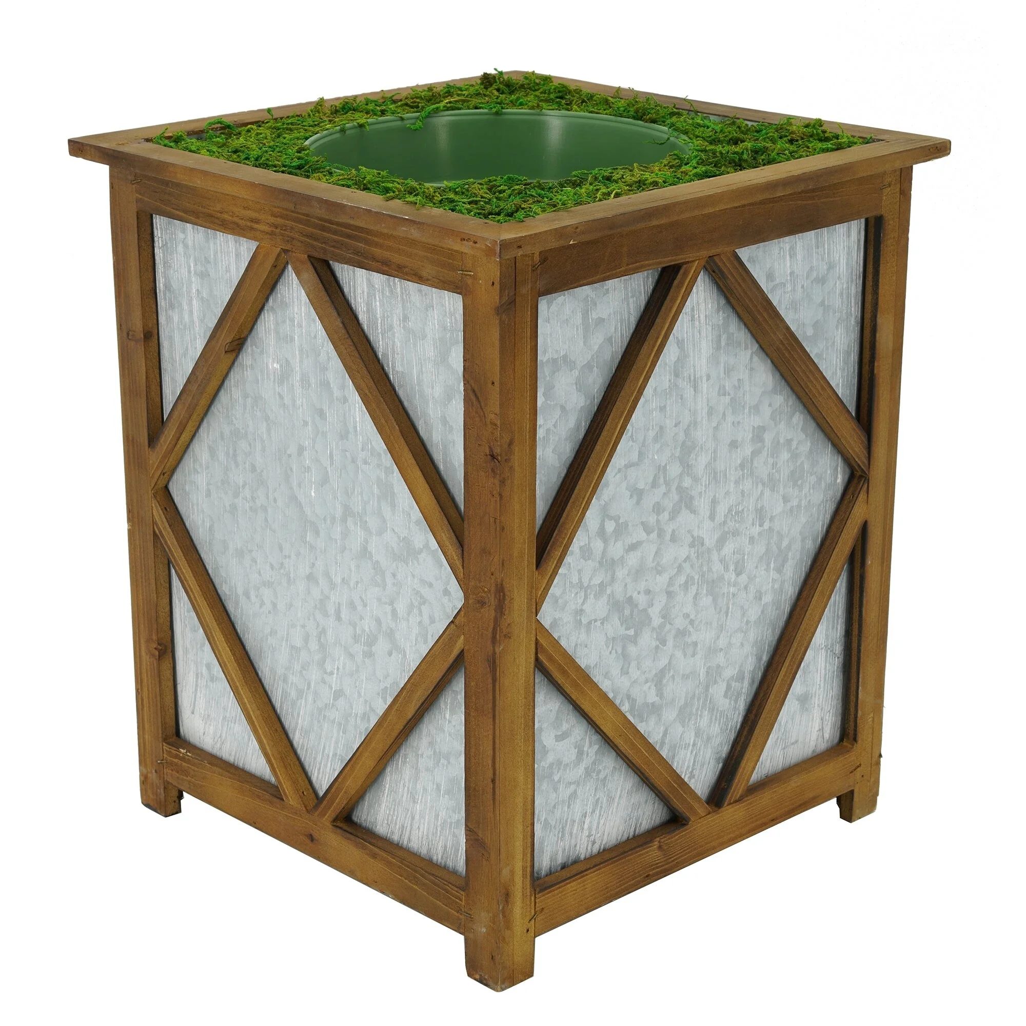 Large Stout Diamond Wood/Metal Planter Pot-in-a-Pot Brown