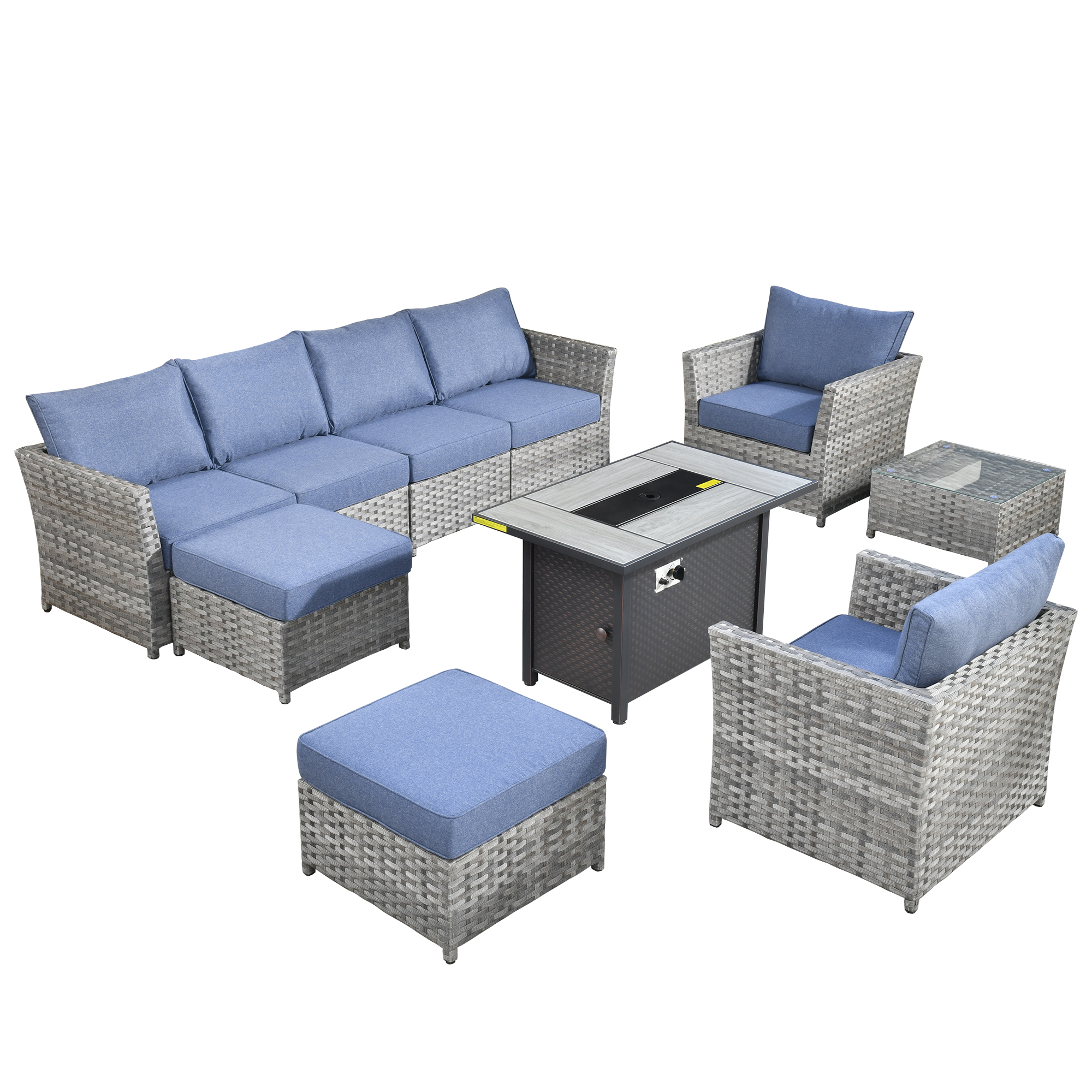 Vcatnet 10 Pieces Patio Outdoor Conversation Set All Weather Wicker Furniture Sofa Set with Fire Pit Table and Coffee Table for Garden,Backyard,Denim Blue