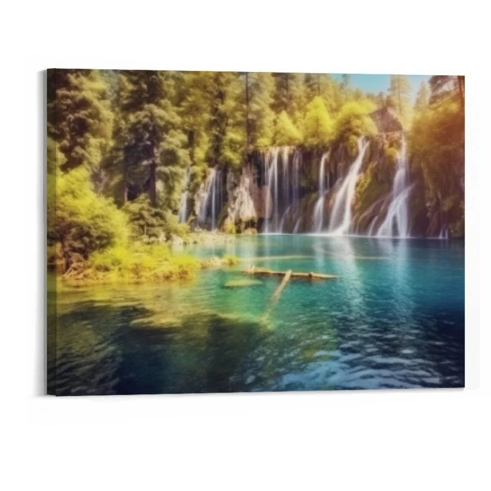 Chilfamy Lake Water Pictures Canvas Wall Art for Living room Bedroom Wall Decor,Waterfall Wall Art Print Paitnings for home Decor,Morden Artwork Sunset Tree Canvas Art Waterproof Stretched -20x16in