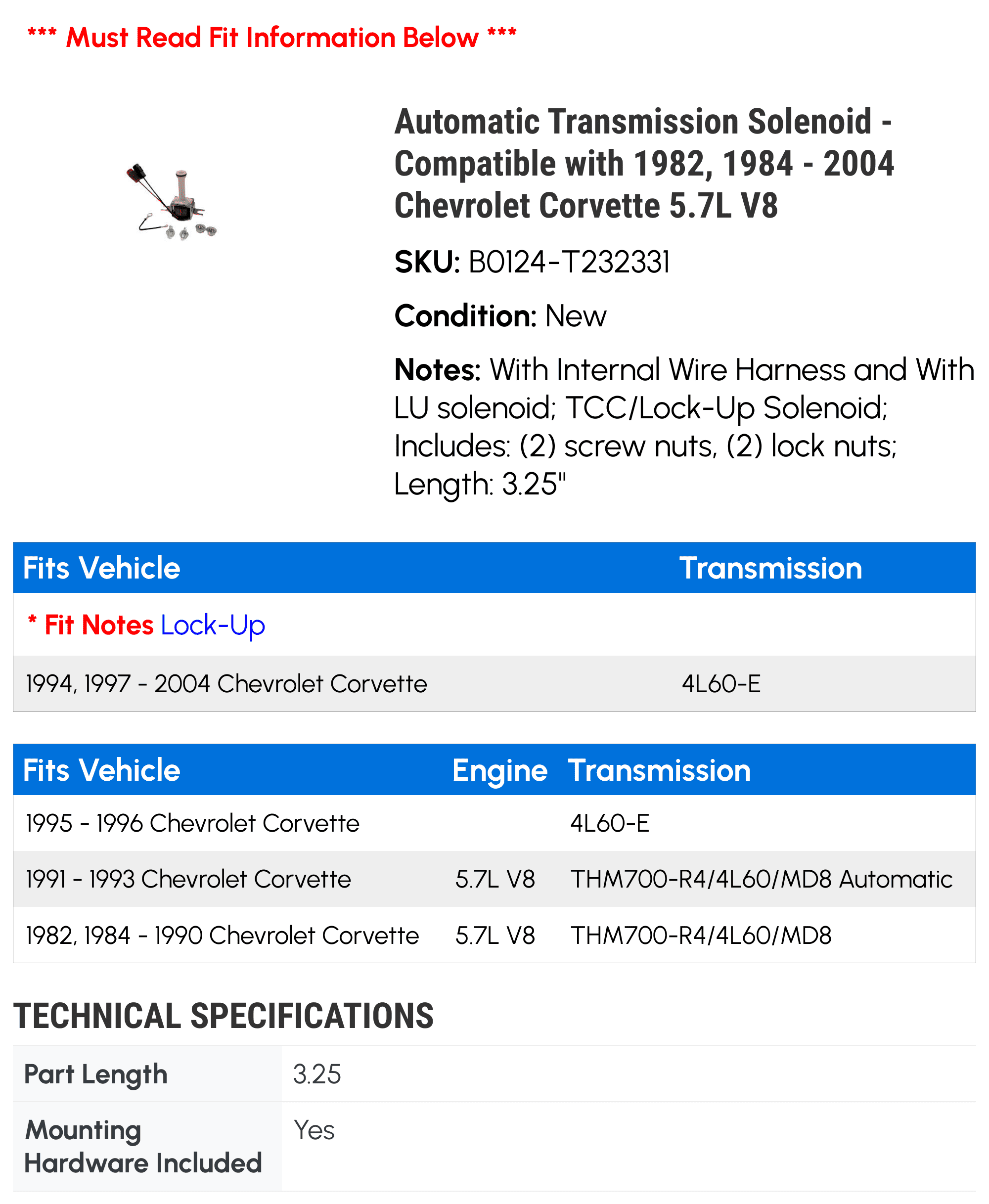 Automatic Transmission Solenoid - Compatible with 1982, 1984 - 2004 Chevy Corvette 5.7L V8 1985 1986 1987 1988 1989 1990 1991 1992 1993 1994 1995 1996 1997 1998 1999 2000 2001 2002 2003