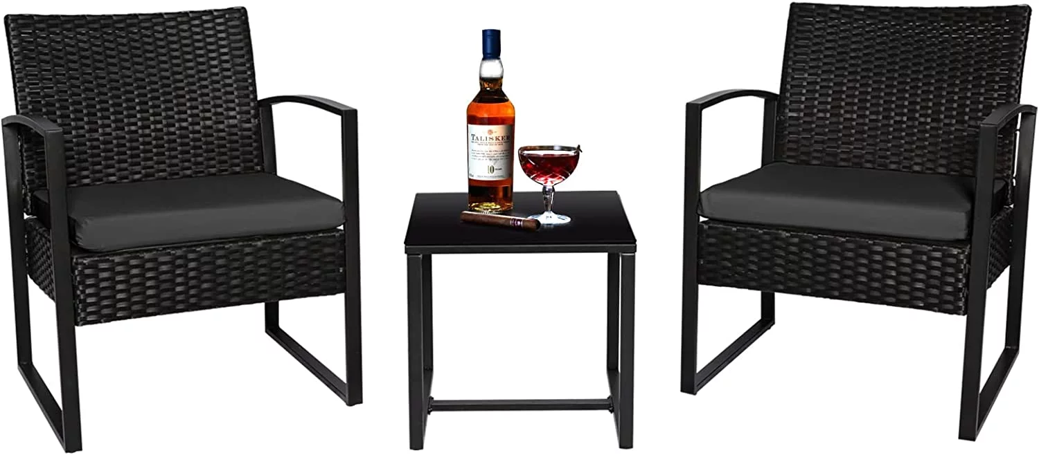 3 Piece Wicker Outdoor Patio Furniture Bistro Set  PE Rattan Chair w/Coffee Table  Small Modern Conversation Sets Clearance for Front Porch  Balcony  Garden  Lawn (Black Cushion)