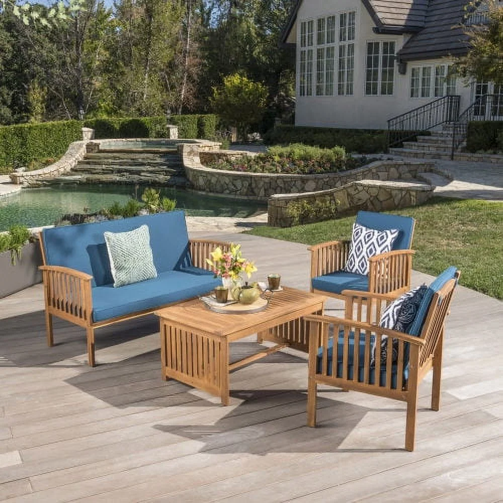 Buumin Outdoor Acacia Wood Sofa Set with Water Resistant Cushions, 4-Pcs Set, Brown Patina / Teal Blue