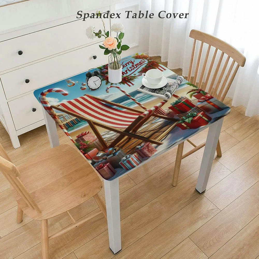 HAOXIT Christmas Outdoor Rectangle Tablecloth,Wrinkle Free Wipeable Fabric Table Cloth Waterproof Cover for Camping Party,Blue Beach Deck Chair Gift Coastal Pine White