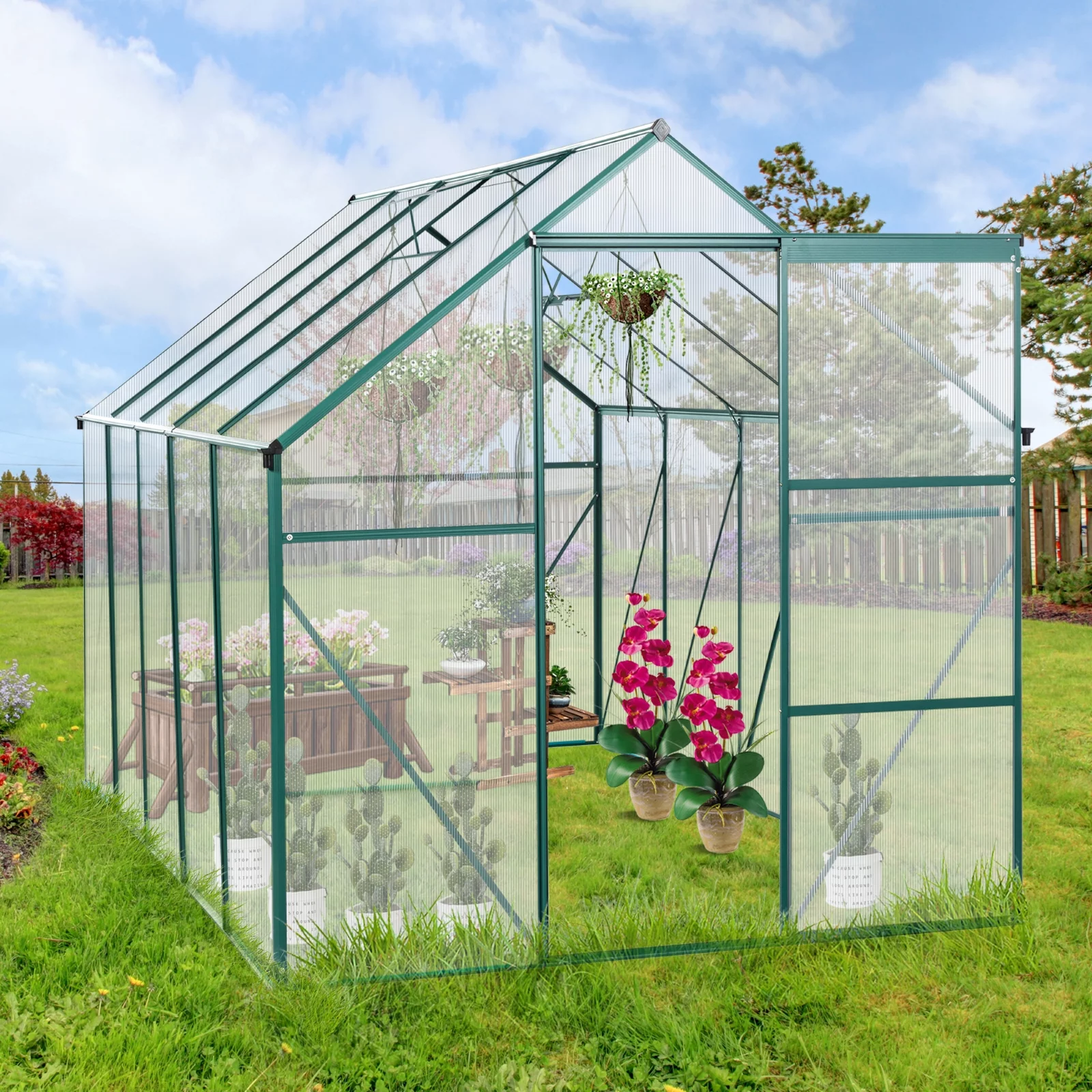 Rocita Walk-in Greenhouse, 6' x 10' Heavy Duty Garden Plant Green House Hot House with Aluminum Frame, Sliding Door, Vents & Drainage System for Outdoor Indoor, Green