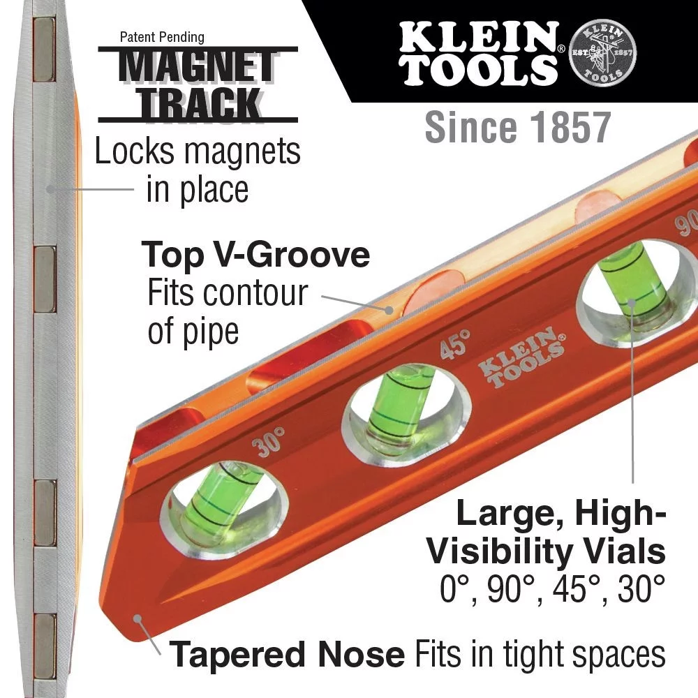 KLEIN TOOLS Torpedo Billet Levels, 8 in, 4 Vials, Aluminium, Magnetic, V-Grooved - 1 EA (409-935RB)