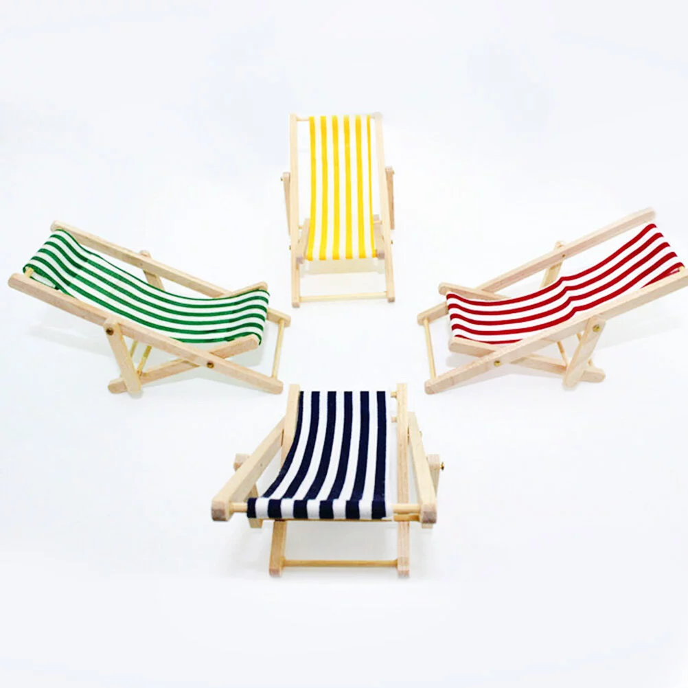 1 Set 1/12 Mini House Miniature Furniture Model Wooden Lounge Chair Beach Chair Set for Kids (Blue 2pcs Lounge Chair and 1pc Foldable Beach Table)