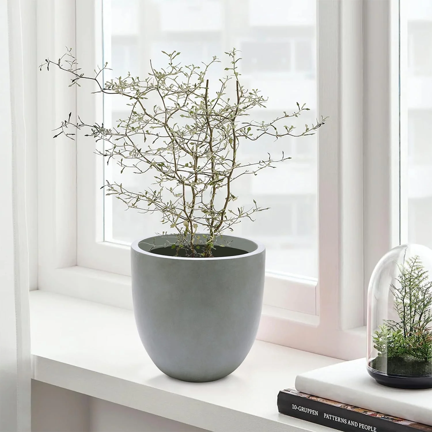 Round Light Gray Stone Planter, Flower Pots for Front Porch, Indoor Outdoor Use in Patio Living Room Garden Courtyard