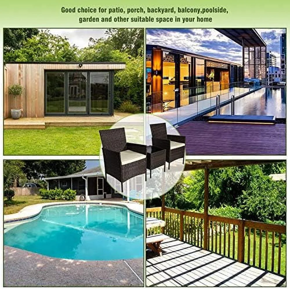 xrboomlife 3 Piece Patio  Set Outdoor Wicker Rattan Conversation Set Porch PE Rattan Outdoor  Set with Coffee Table  Chairs & Thick Cushions  for Patio Garden Lawn Backyard Pool (Brow