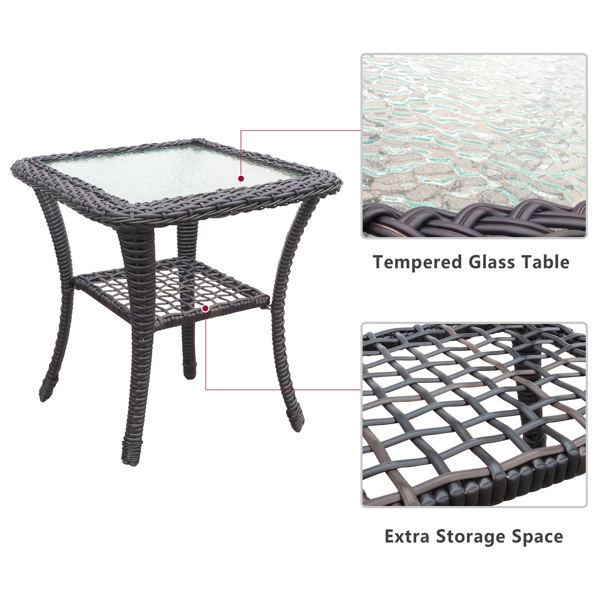 3 Piece Wicker Patio Rocker Sets, Rattan Rocking Furniture Set with Glass Table Dark Brown