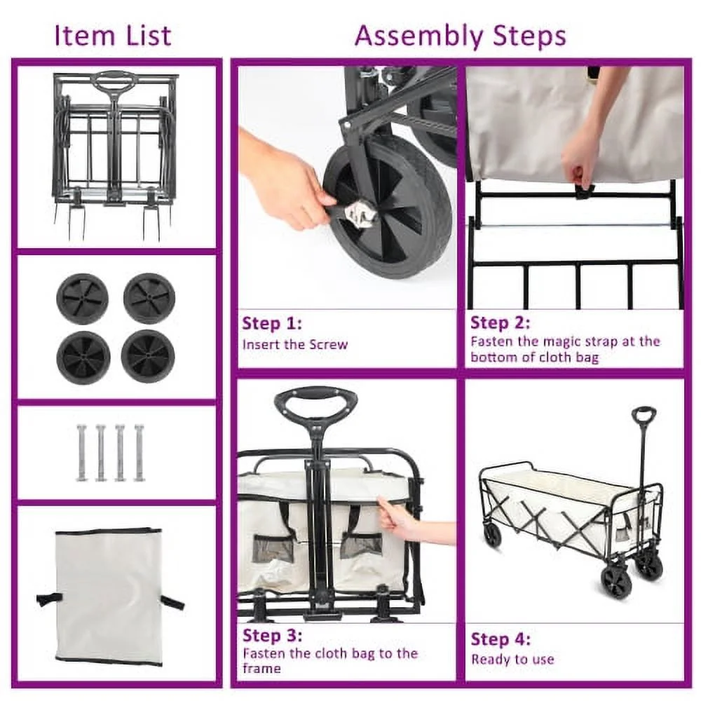 Extended Folding Utility Wagon, 330LBS Heavy Loaded Collapsible Garden Cart with Anti-Slip Wheels, Adjustable Handle and Side Pockets, Large, White, X-Large