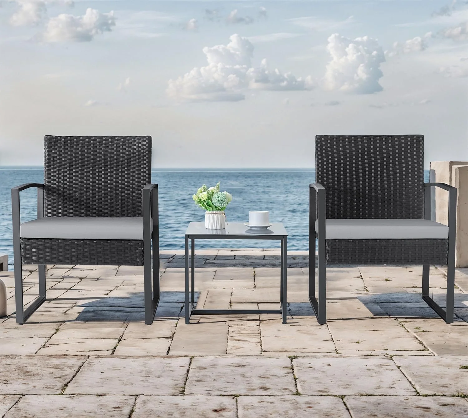 SJOINMB Balcony 3 Piece  Table Garden Backyard Outdoor Patio Use Porch Chairs Cushioned PE Wicker  Rattan (Grey)