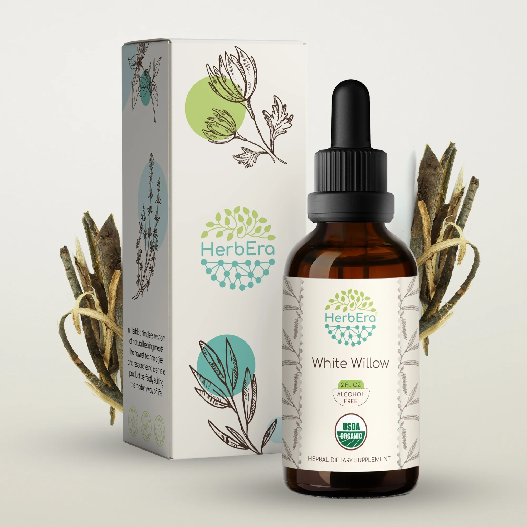 White Willow Alcohol-FREE Herbal Extract Tincture, Super-Concentrated Organic White Willow (Salix Alba) Dried Bark 2 oz