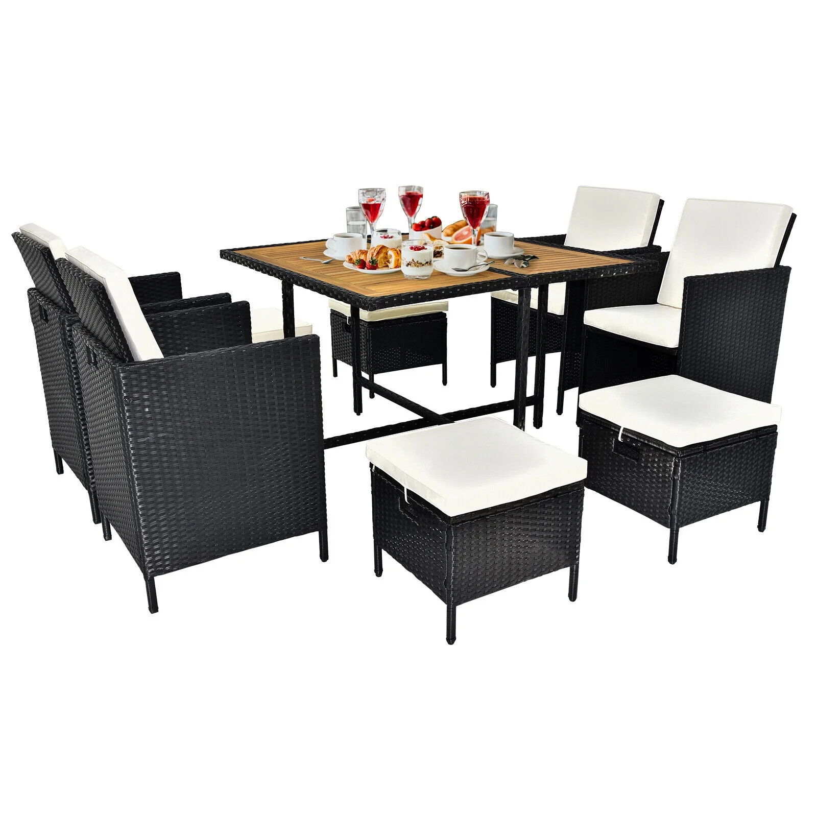 9 Pieces Patio Dining Furniture Set Wicker Sofas Rattan Chair Conversation Table