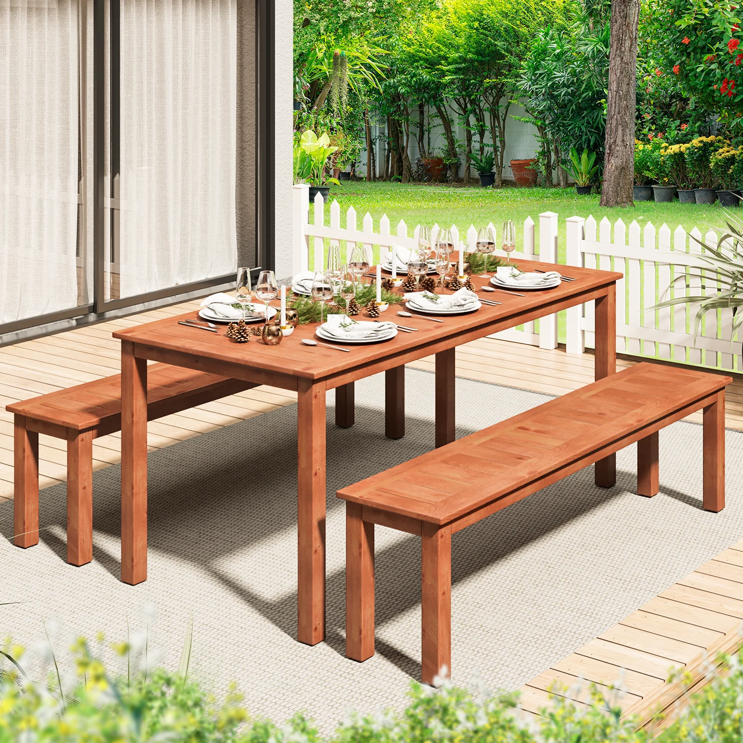 Richryce 3-Piece Acacia Wood Outdoor Dining Set, Outdoor Dining Set, with 1 Rectangular Table and 2 Benches