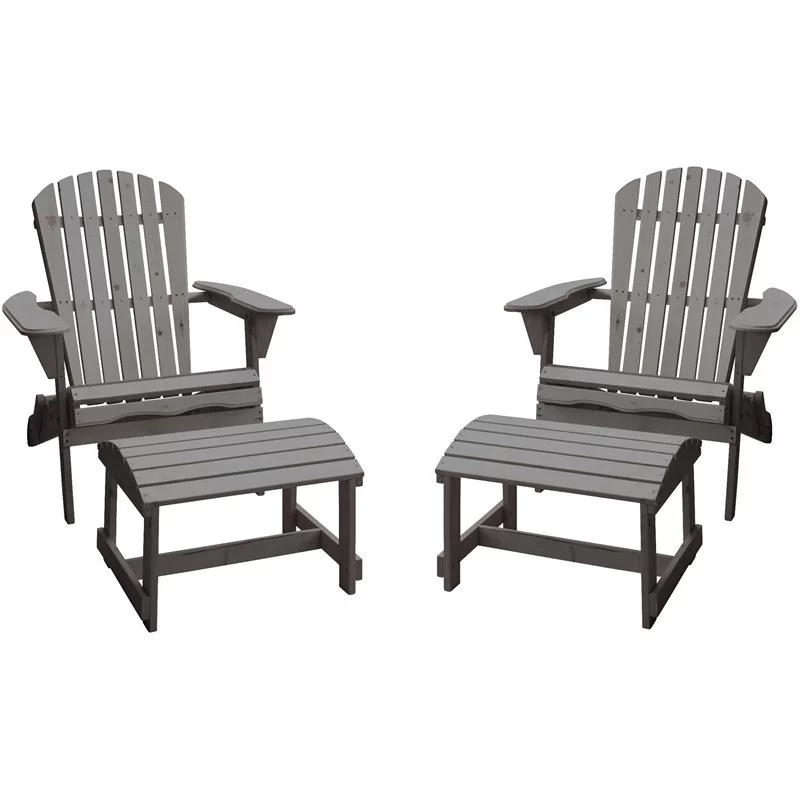 W Unlimited Oceanic 4 Piece Wooden Adirondack Chair and Ottoman Set in Gray
