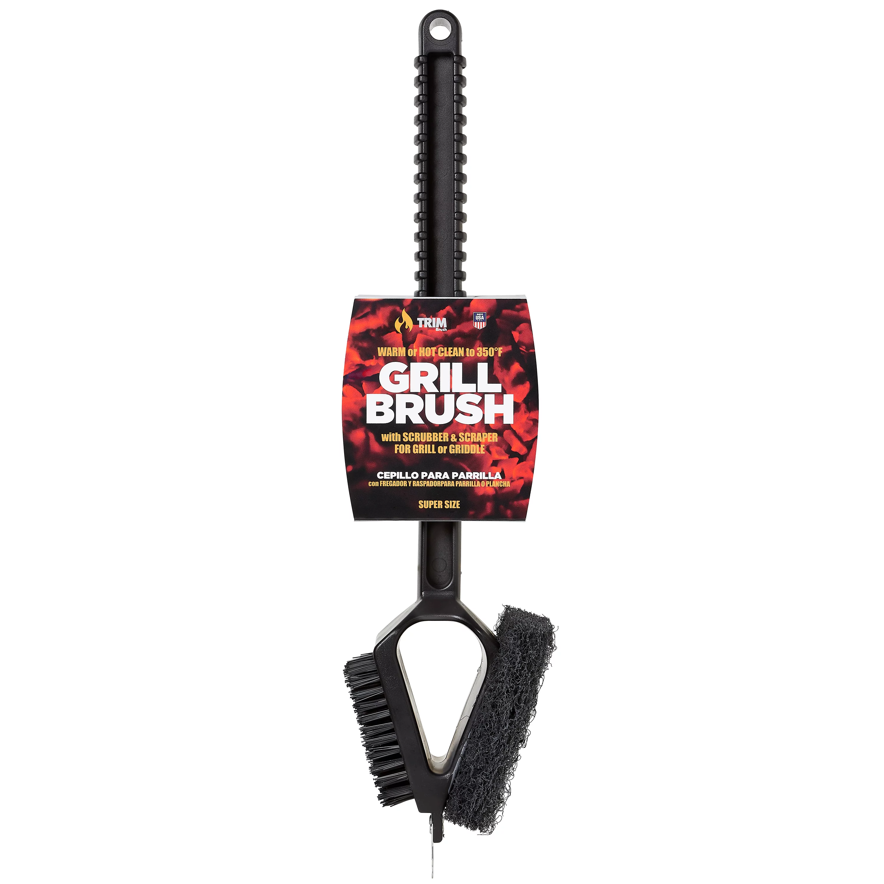 TrimBrush Warm or Hot Clean to 350°F, 3-in-1 Super Size Black BBQ Grill Brush with Scrubber & Scraper (No Harmful Wire Bristles)