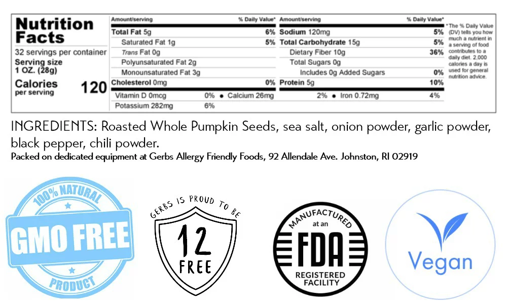 Toasted Onion & Garlic Pumpkin Seeds In Shell by Gerbs - 2 LBS - Top 14 Food Allergen Free & NON GMO - Vegan & Kosher