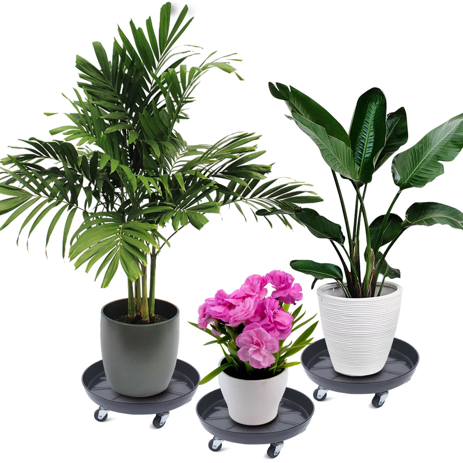 Miumaeov 3Pcs Flower Pot Tray Heavy Duty Plant Dolly Planter Mover Stand Round Plate with Wheels