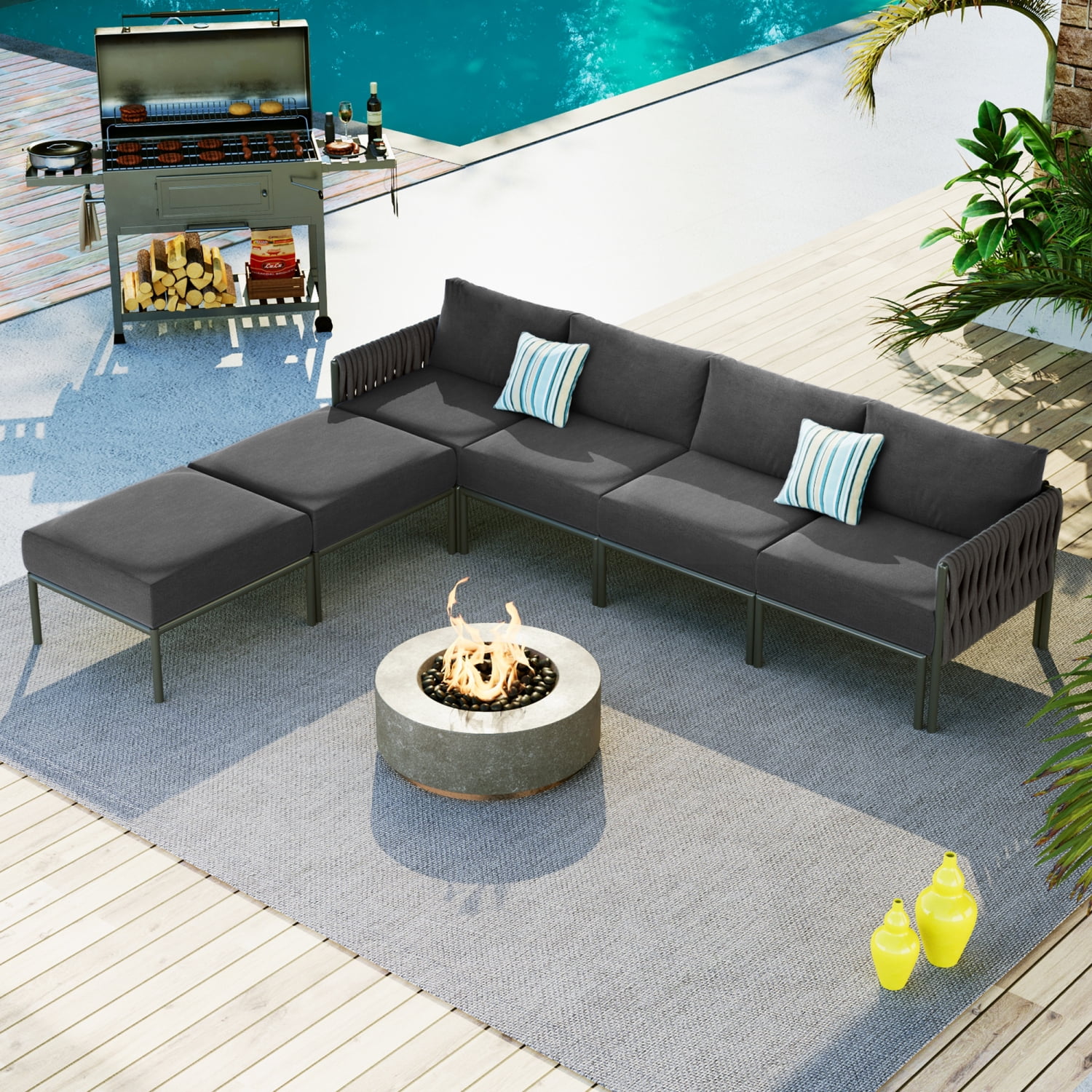 Generously Sized 6-Piece Stylish Modern Grey Aluminum Patio Furniture Set with Plush Removable Extra Thick Olefin Cushions and Sleek Metal Outdoor Conversation Sectional Sofa  Featuring a