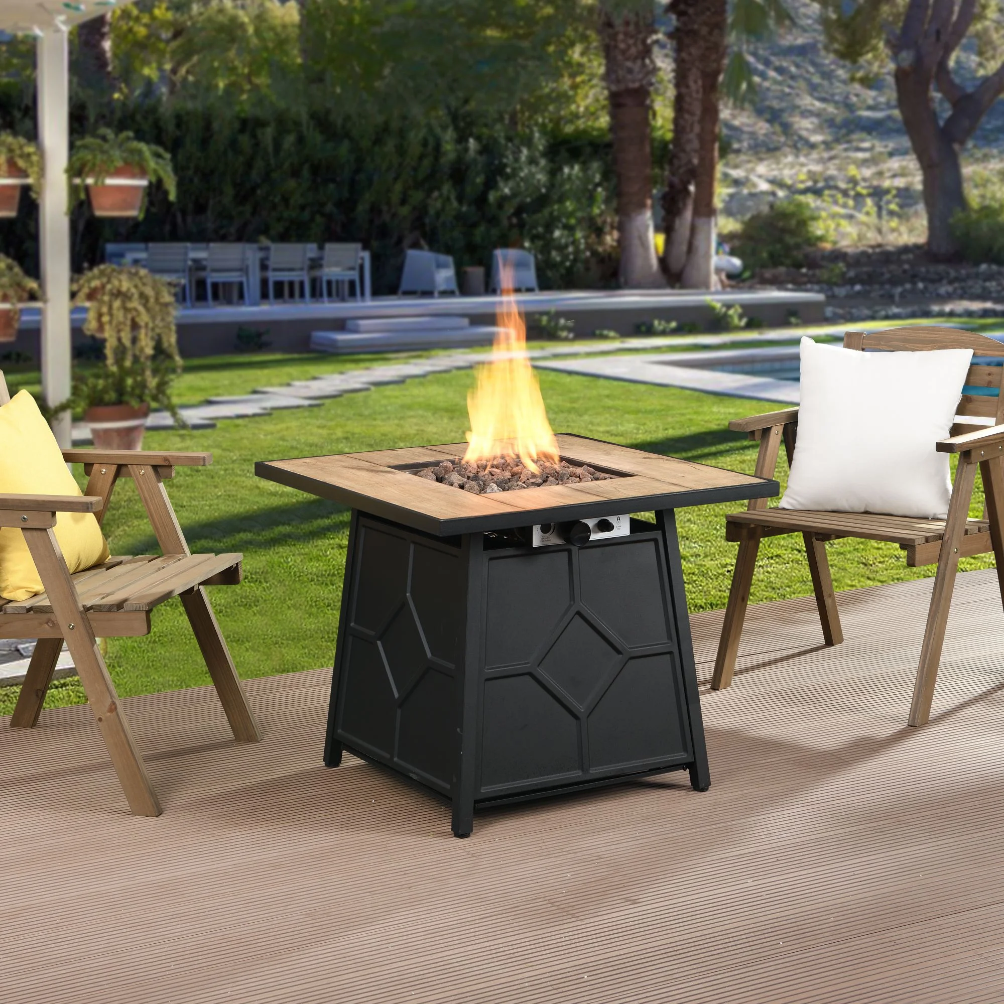 30 in. W x 25 in. H Square Black Metal Base Propane Gas Fire Pit with Wood Table Top in Black