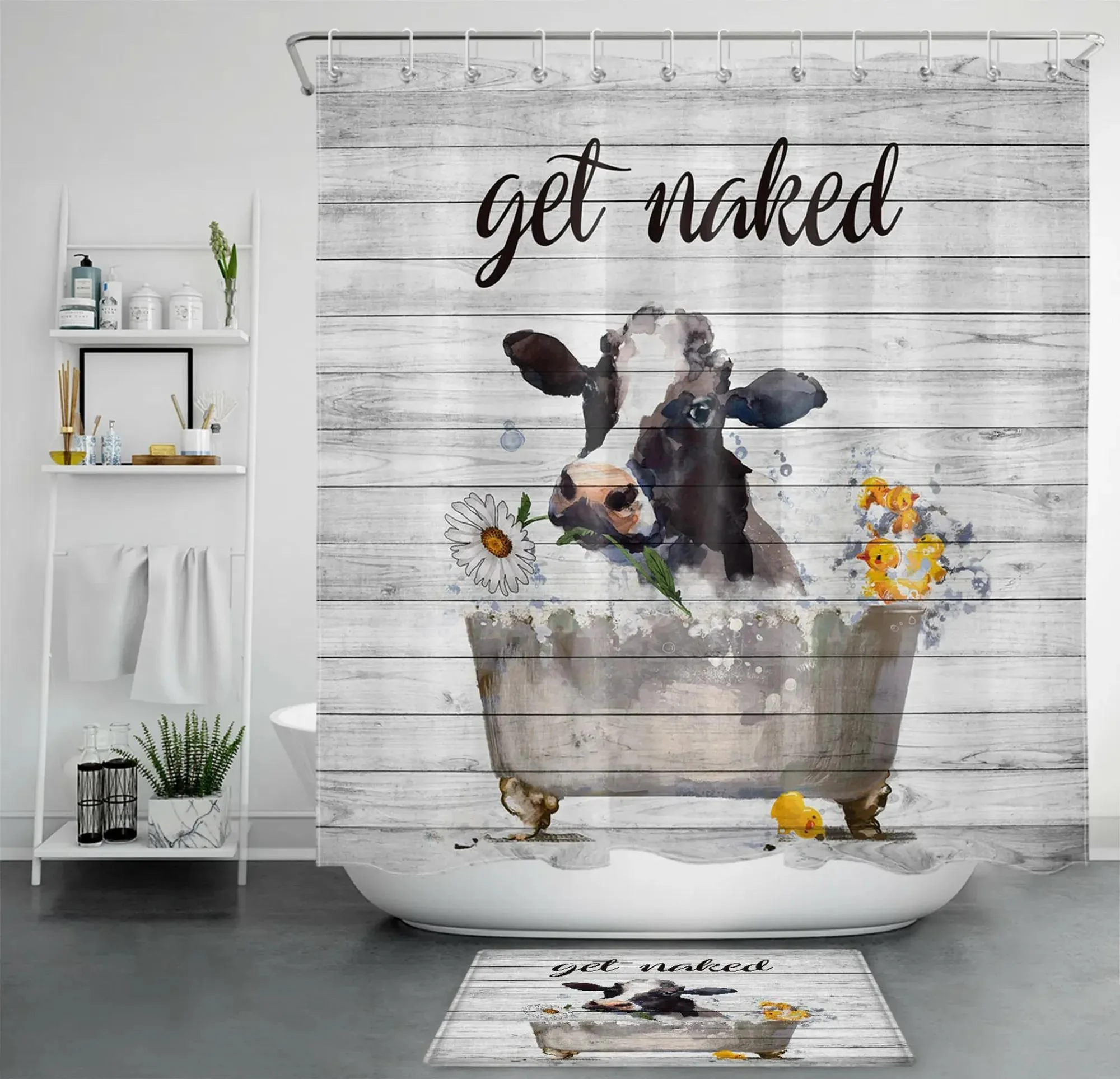 Rustic Planks Cow Daisy Flower Funny Word Duck Shower Curtain Set Bathroom Decor