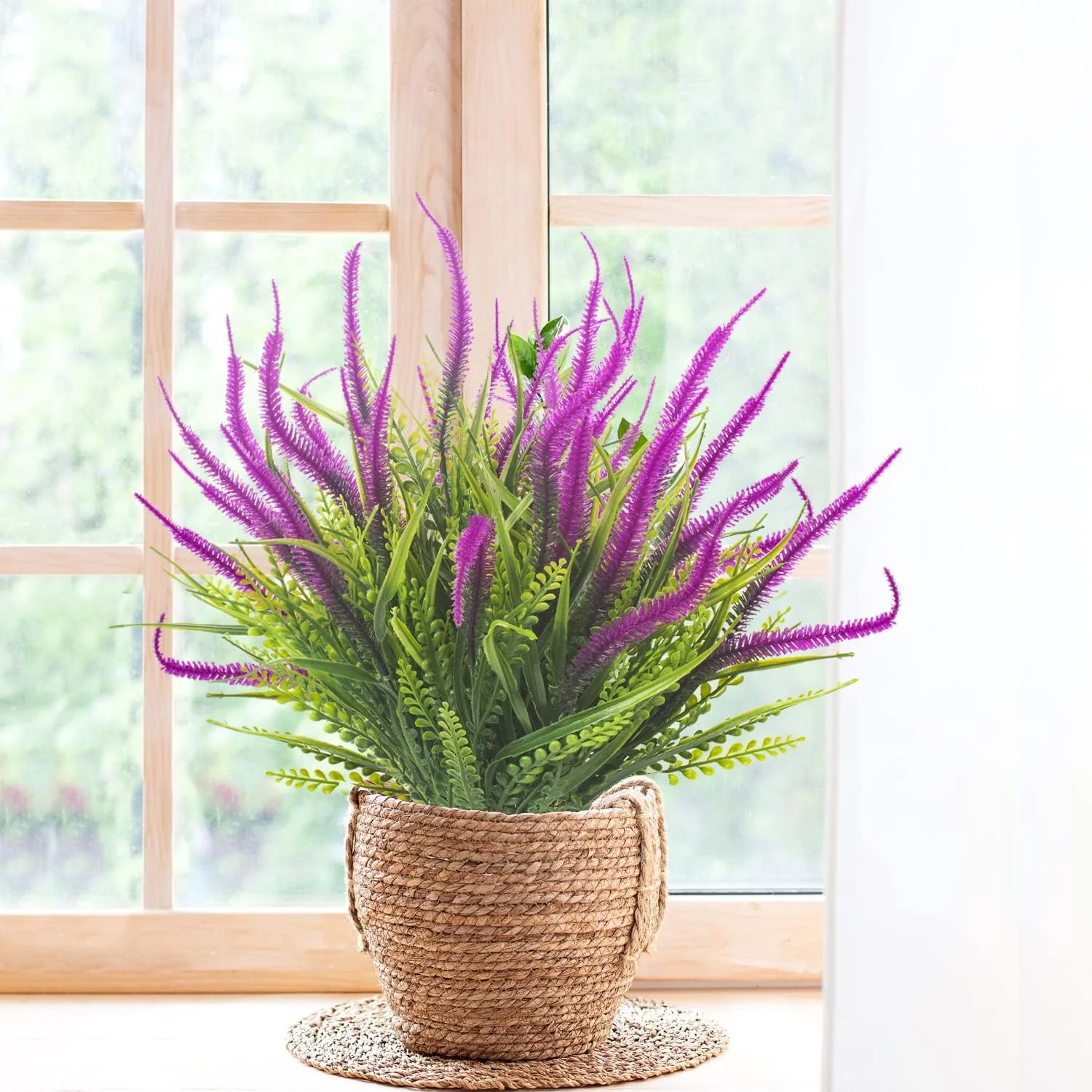 Namzi 12 Bundles Artificial Plants Outdoor Fake Grass with Flowers UV Resistant Greenery Garden Porch Window Box Decorating (Rose)