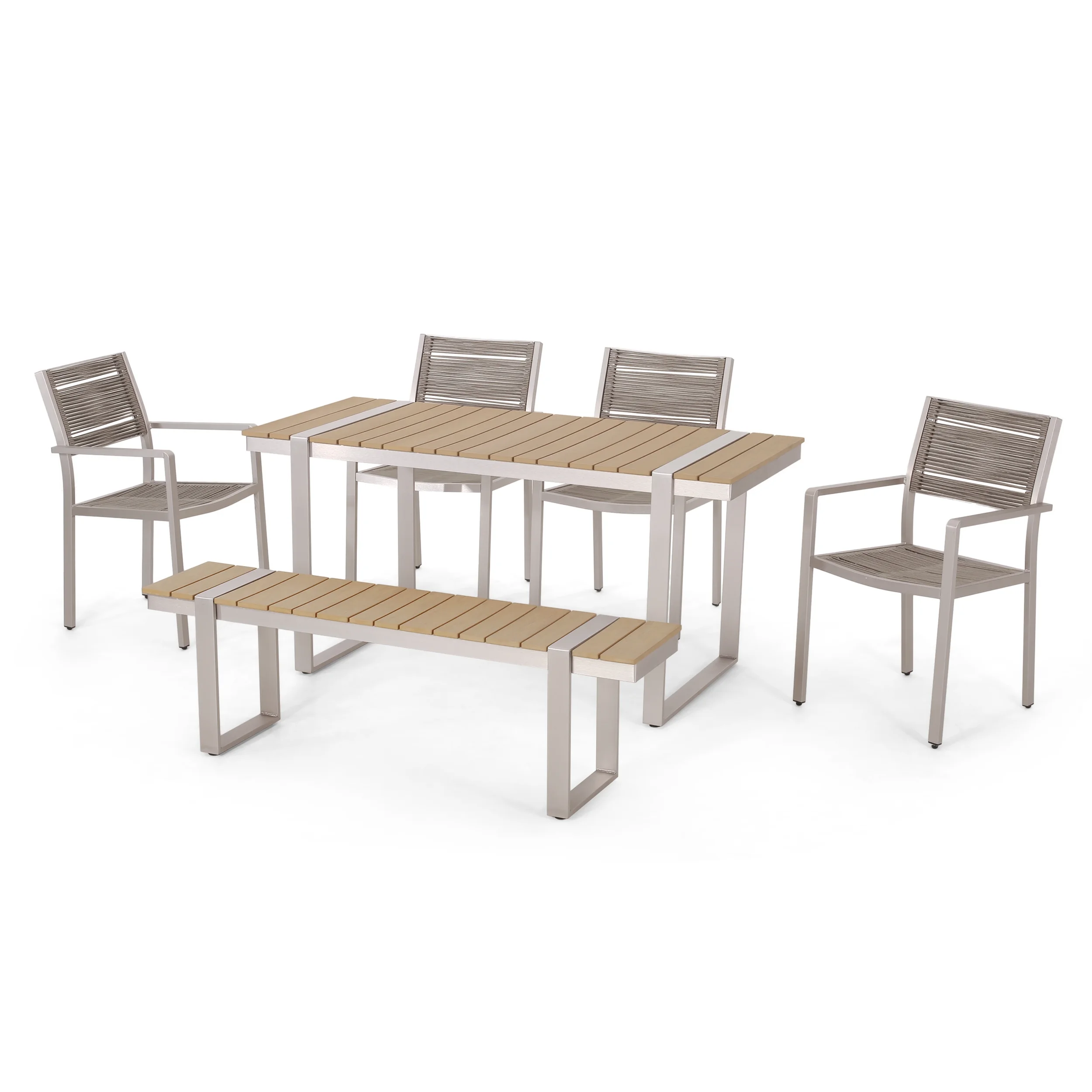 Atoka Aluminum Outdoor 6-Piece Dining Set, Natural, Gray, and Silver