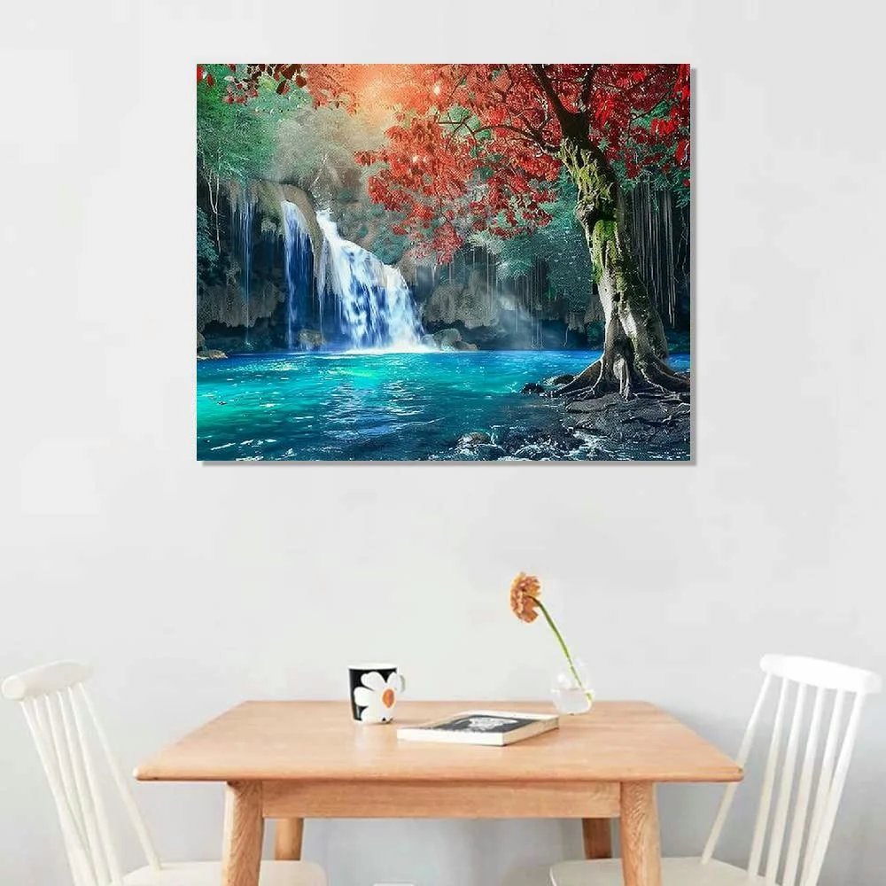 QKZF Fall Forest Wall Art Nature Landscape Canvas Prints Season Mountain Waterfall Pictures Wall Decor fro Bathroom Bedroom Red Tree Park Paintings Modern Frame Artwork