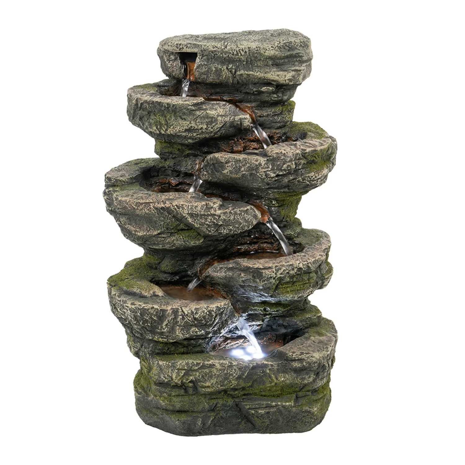 GUIOIHDC 9x5x14” Indoor Gray Stone-Look Water Fountain  7-tier Polyresin Cascading Rock Tabletop Fountain with LED Light