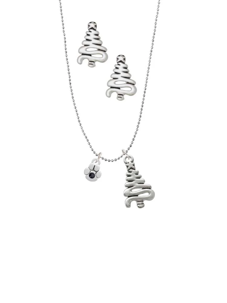 Delight Jewelry Silvertone Mini Paw with Black Crystal Silver tone Zig Zag Christmas Tree Charm Necklace and Stud Earrings